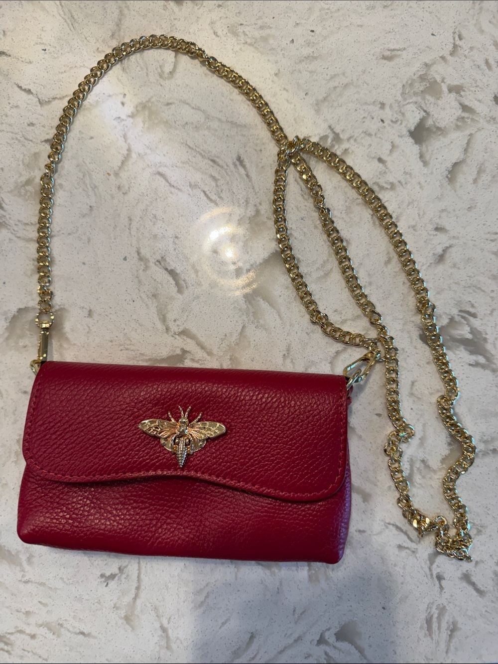 Persaman New York Red Leather Crossbody with Gold Bee Accent